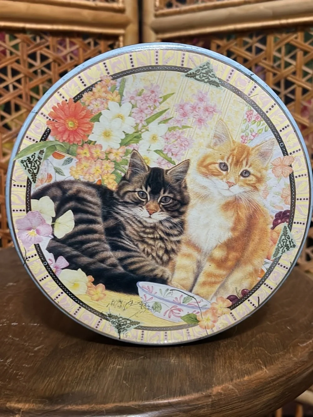 Decorative Cat Tin with Floral Design - Multicolor